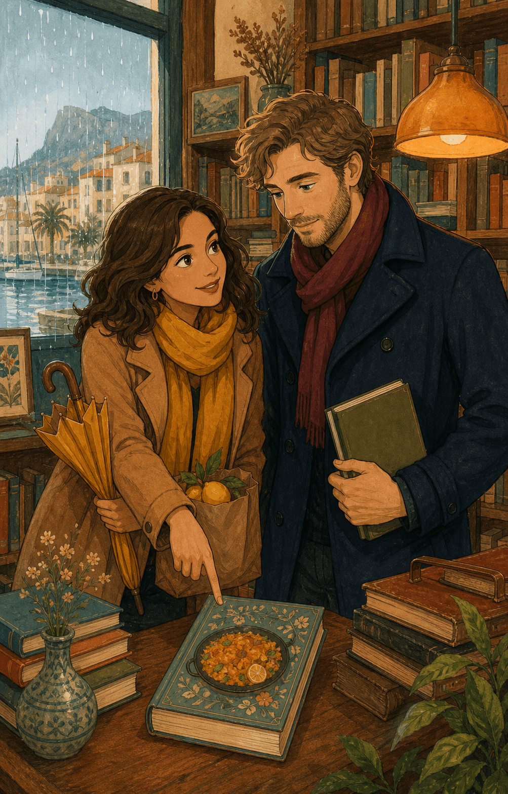 Marina y Sebastian se conocen en una librería durante la lluvia.
