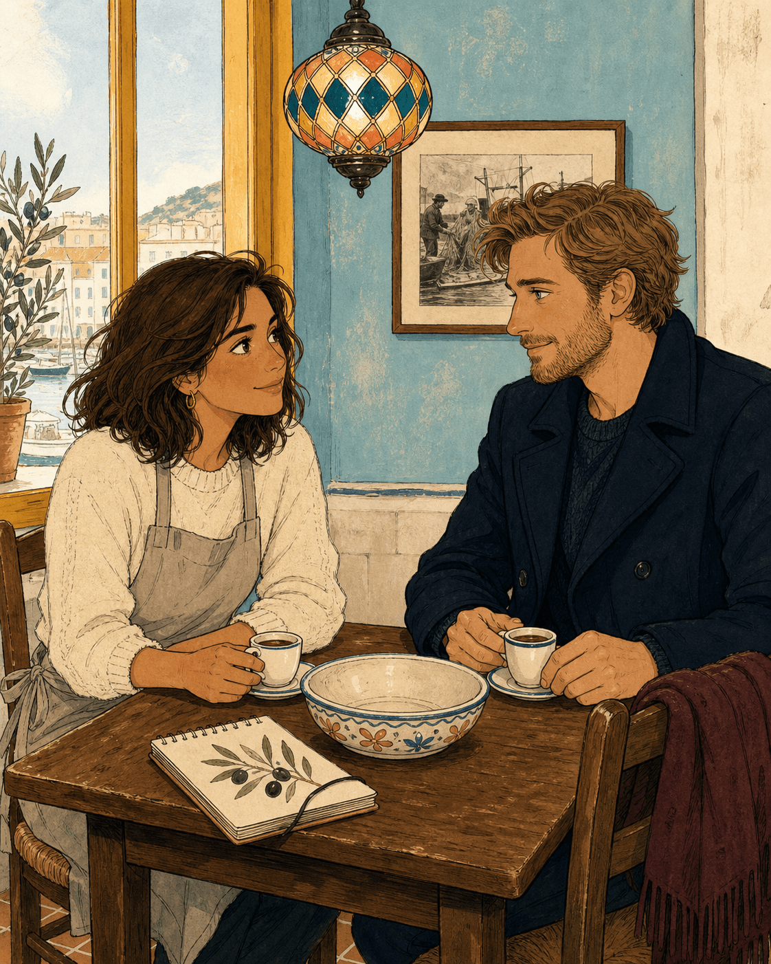 Marina y Sebastian comparten café tras el putxero en Ca la Mar.