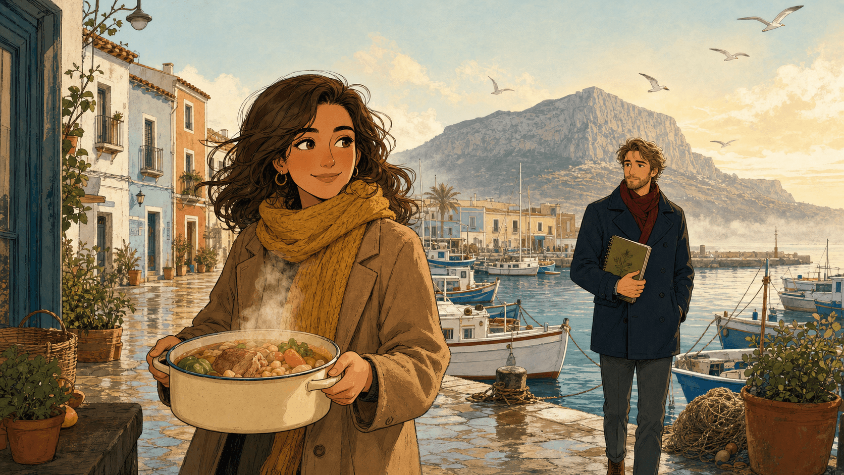 Marina lleva un putxero junto al puerto de Dénia mientras Sebastian la observa al fondo.