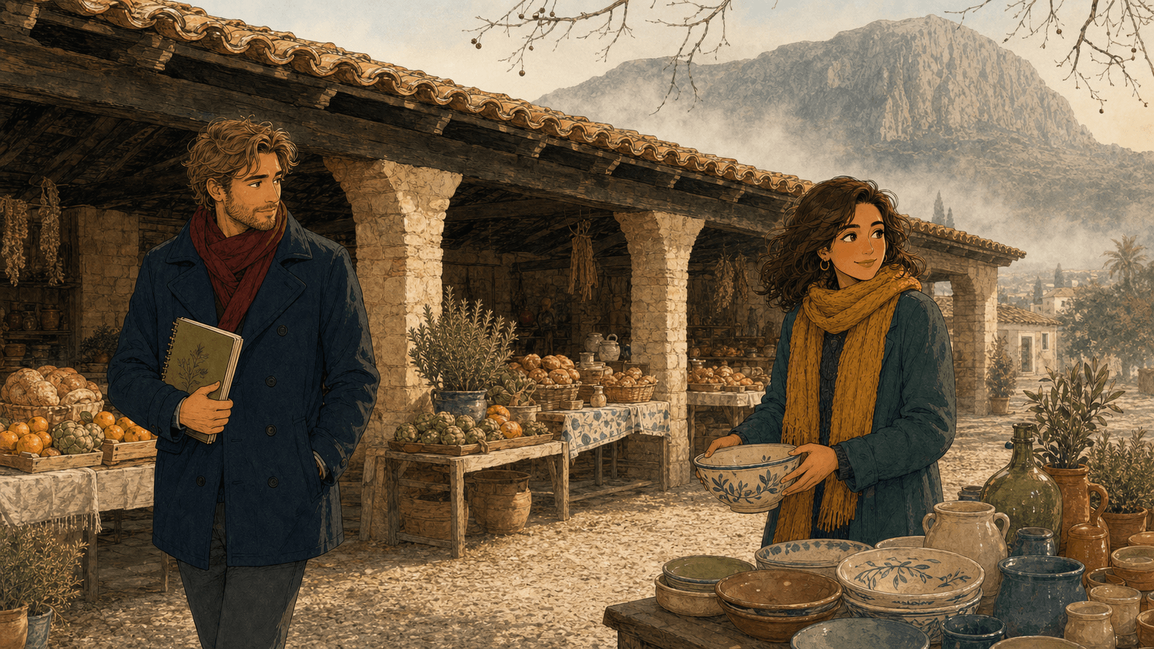 El Mercat del Riurau de Jesús Pobre en invierno, con Marina y Sebastian entre sus puestos.