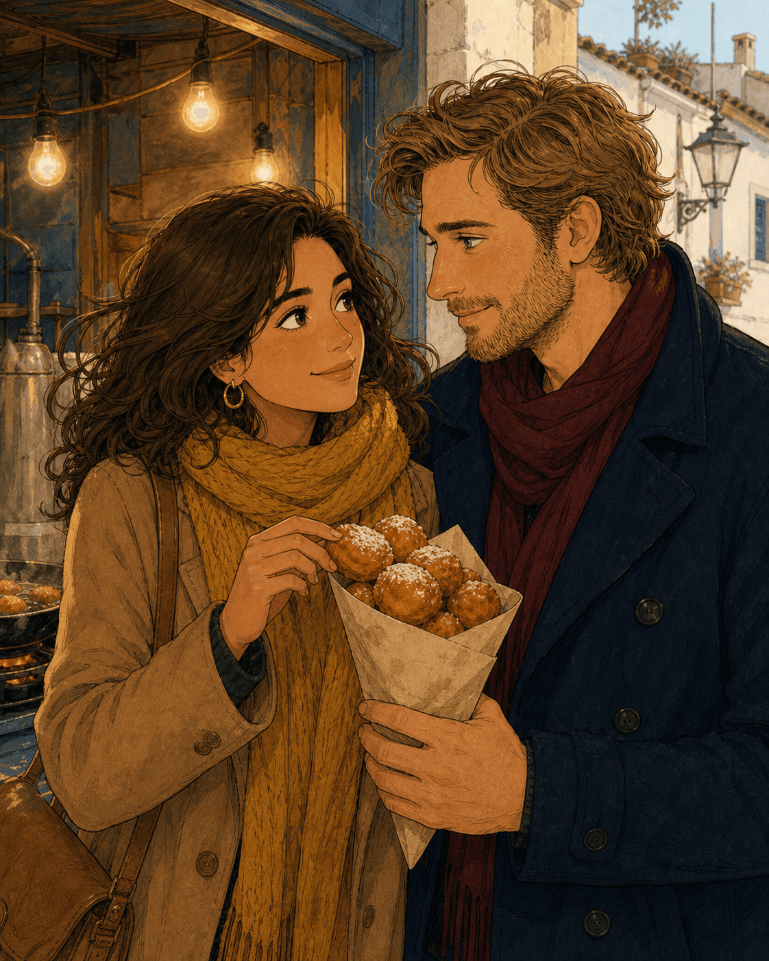 Marina y Sebastian comparten buñuelos de calabaza.