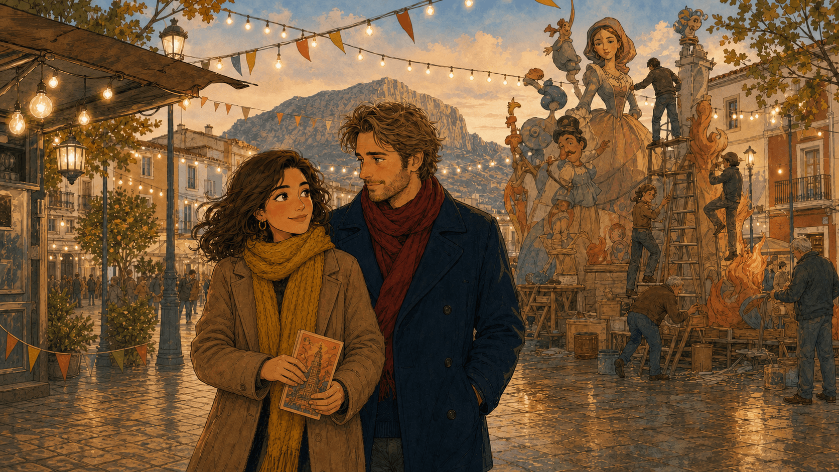 Marina y Sebastian contemplan las Fallas de Dénia al anochecer.