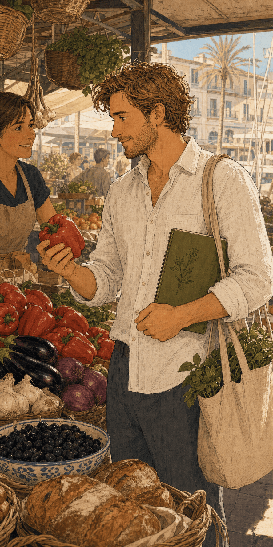 Sebastian compra verduras en el mercado de Dénia.