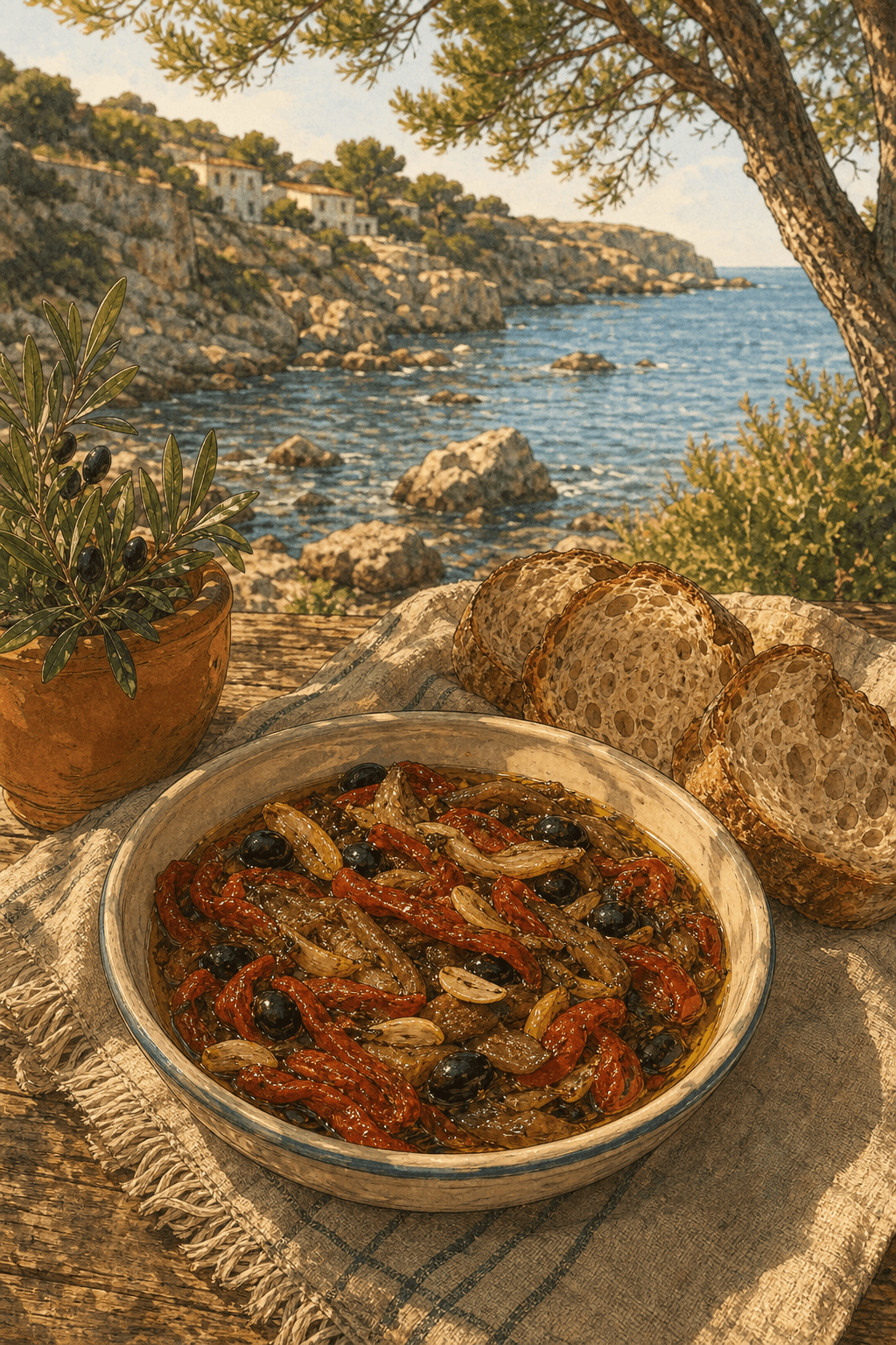 Espencat con pan de horno junto al mar de Les Rotes.