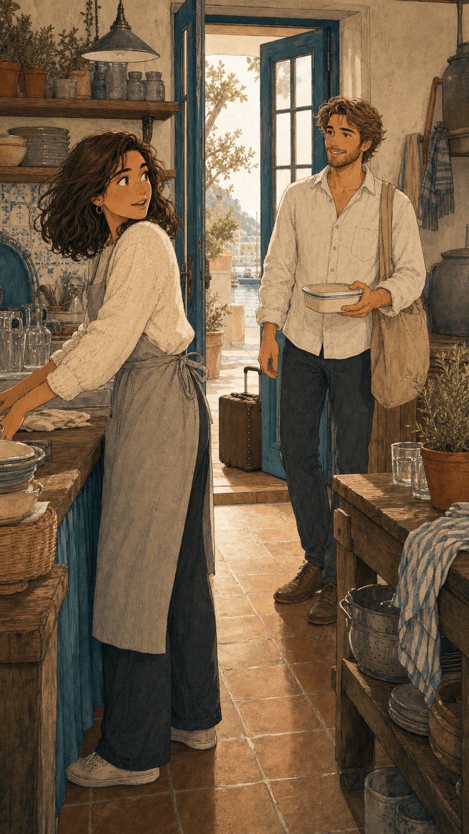 Sebastian sorprende a Marina en la cocina con un tupper.