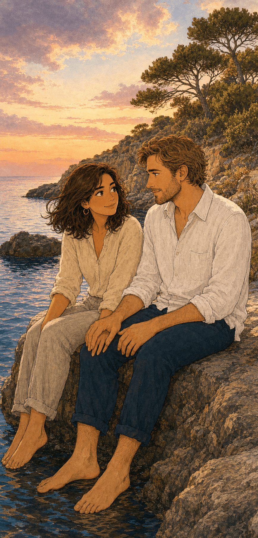 Marina y Sebastian comparten el atardecer en Les Rotes.