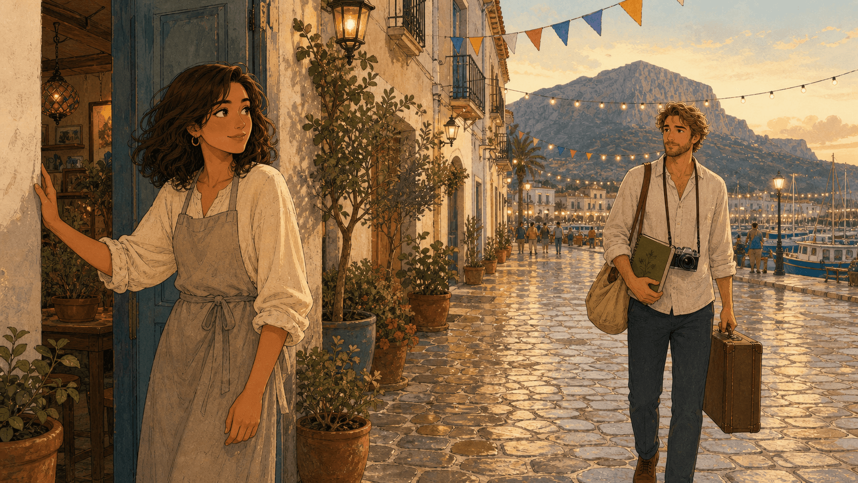Marina ve llegar a Sebastian por una calle festiva de Dénia.