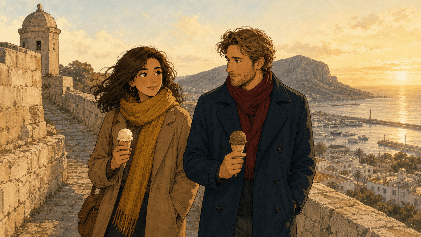 Marina y Sebastian pasean por el Castell de Dénia.