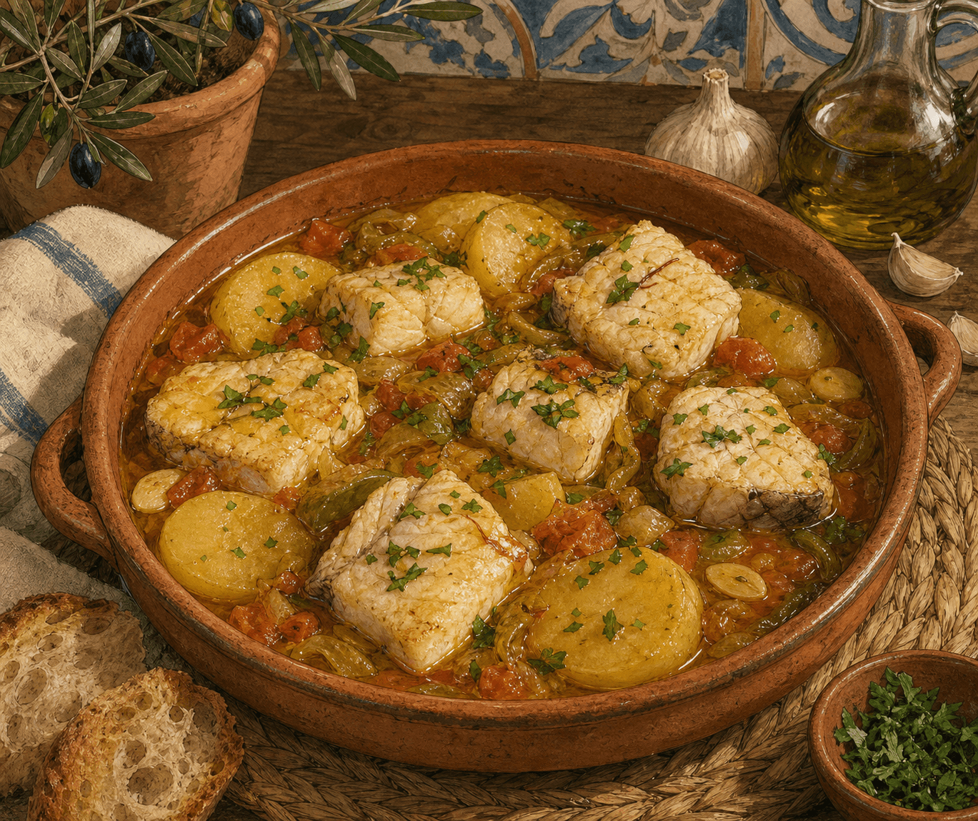 Llandeta de peix servida en cazuela de barro.
