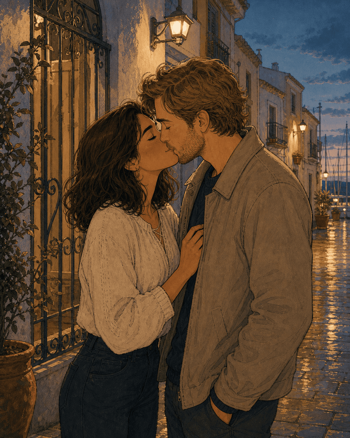 Marina y Sebastian se besan frente a su casa.