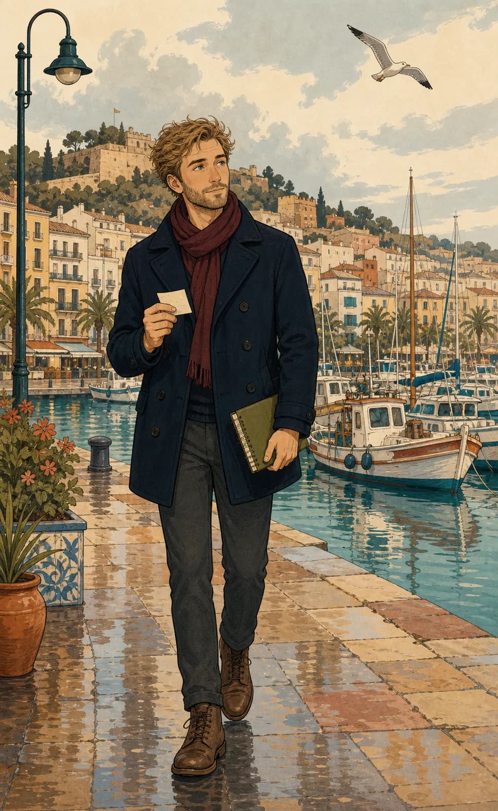 Sebastian camina por el puerto de Dénia con una tarjeta y un cuaderno.
