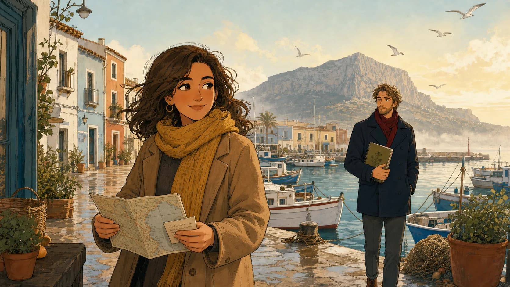 Marina consulta un mapa junto al puerto de Dénia mientras Sebastian la observa al fondo.