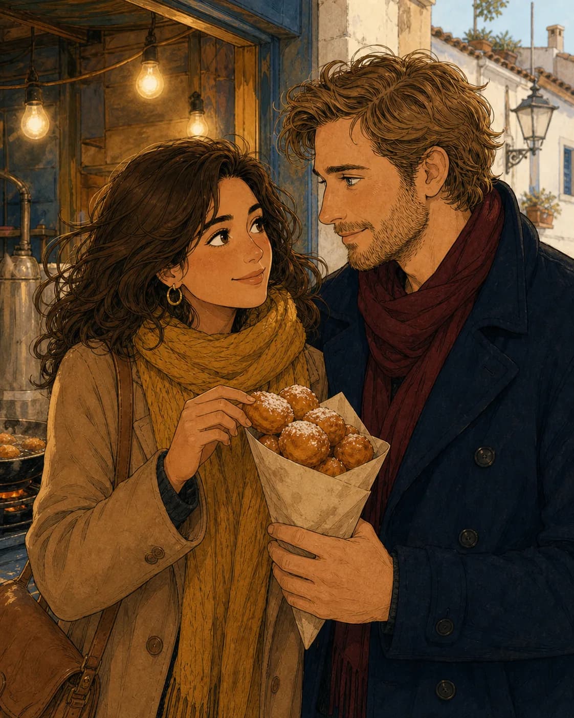 Marina y Sebastian comparten buñuelos de calabaza.