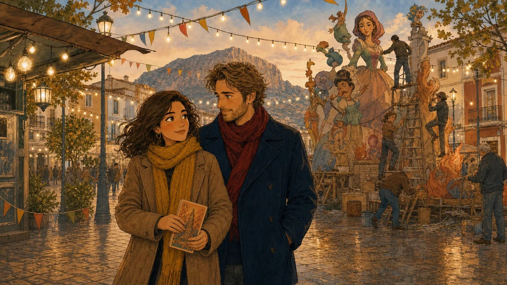 Marina y Sebastian contemplan las Fallas de Dénia al anochecer.