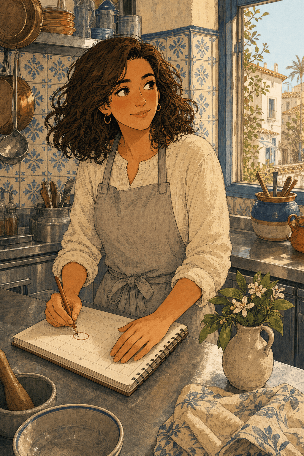 Marina marca una fecha en su agenda de cocina.
