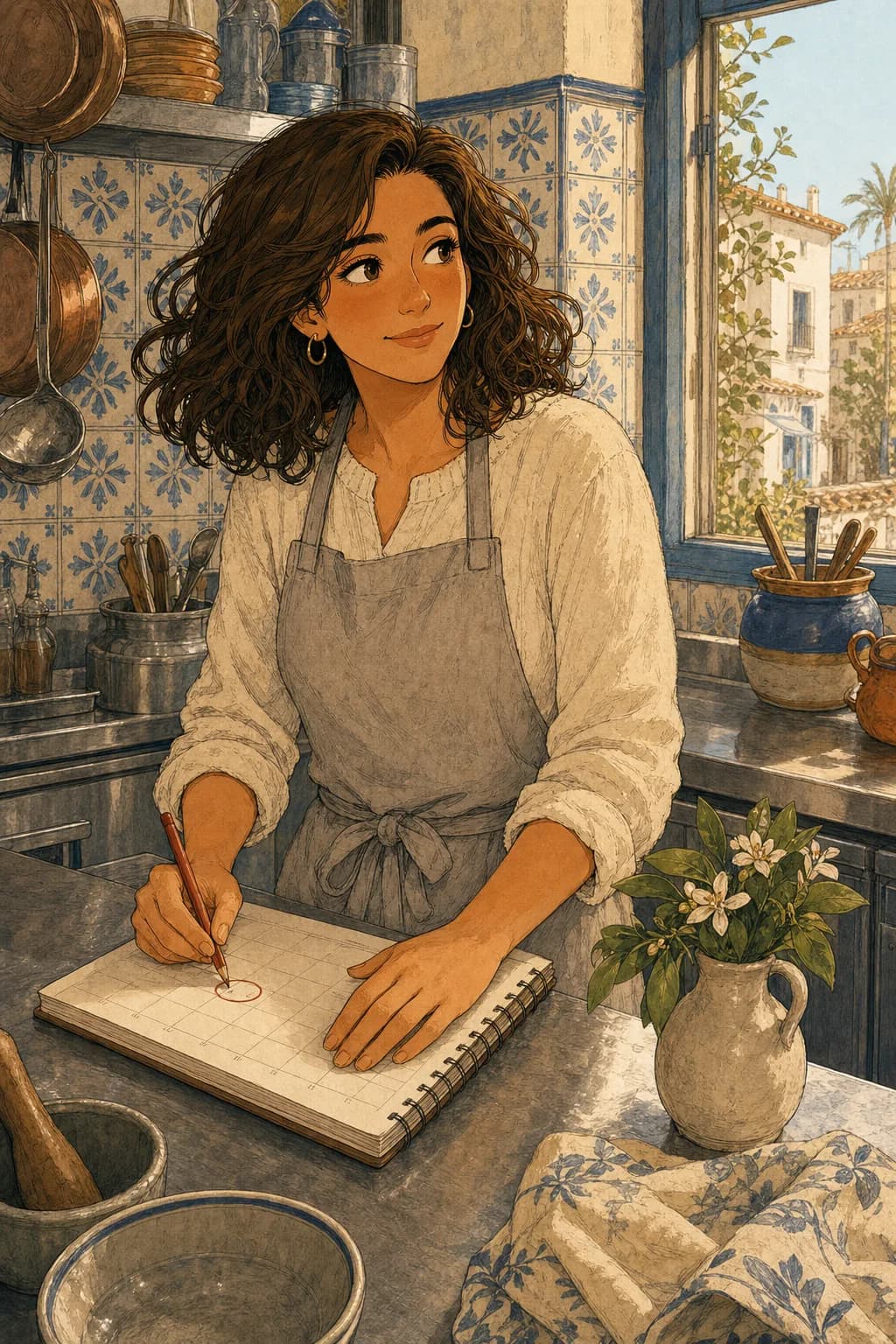 Marina marca una fecha en su agenda de cocina.