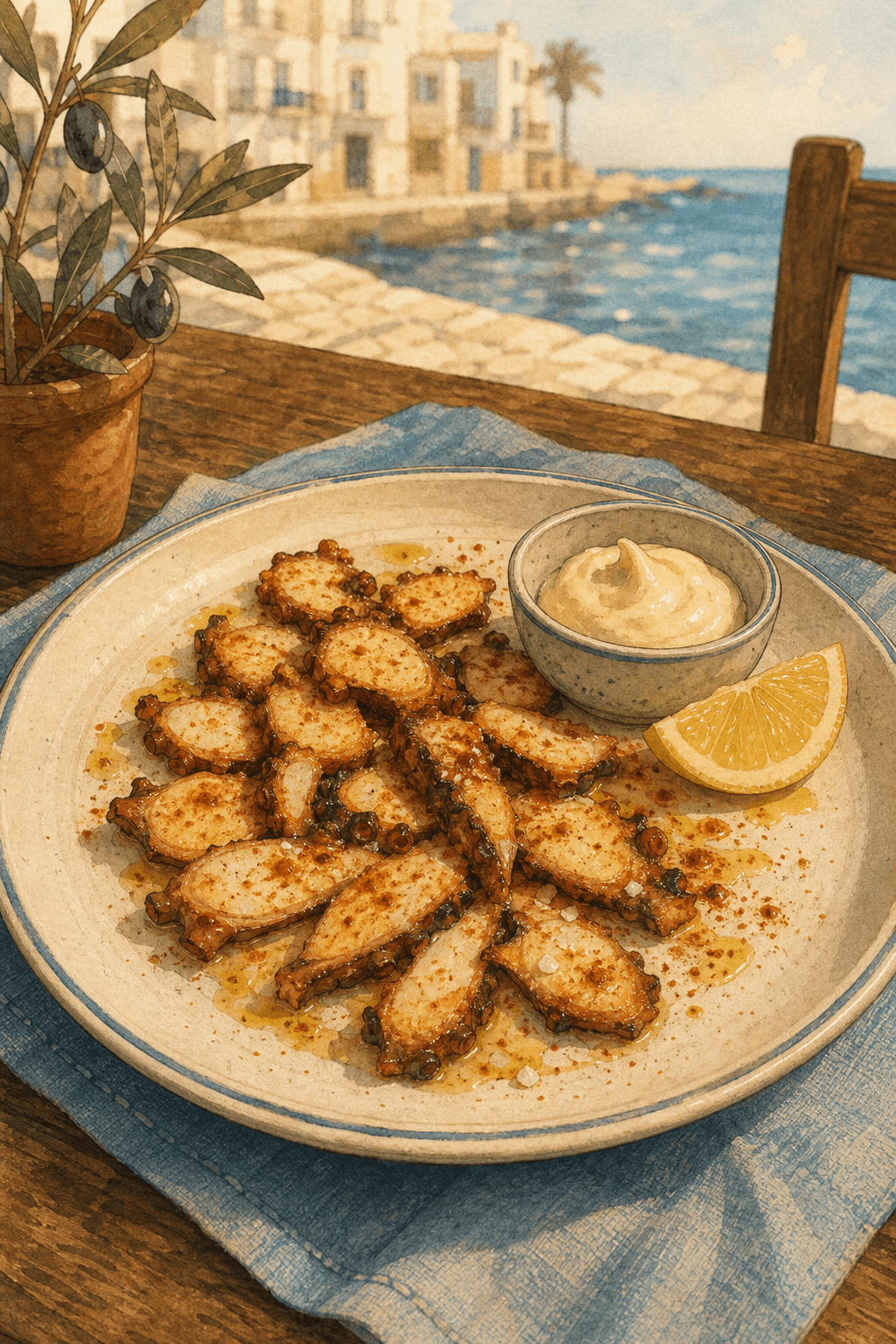Pulpo seco de Dénia tostado, servido con aceite, pimentón y alioli.
