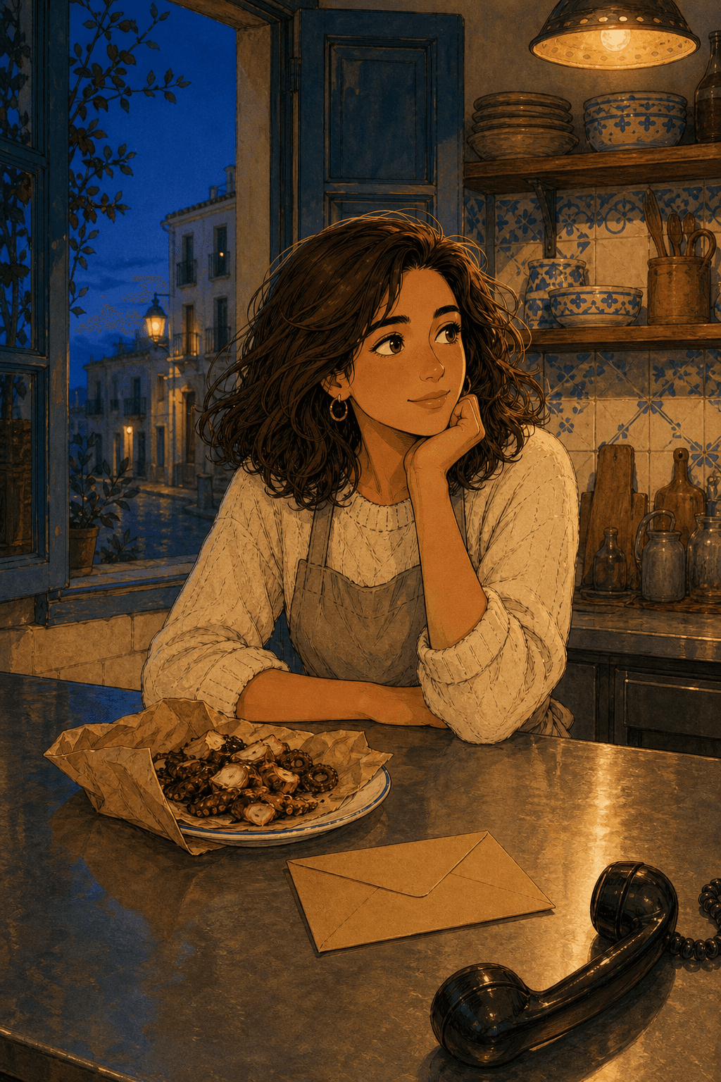 Marina contempla un sobre y un paquete de pulpo seco en la cocina de Ca la Mar.