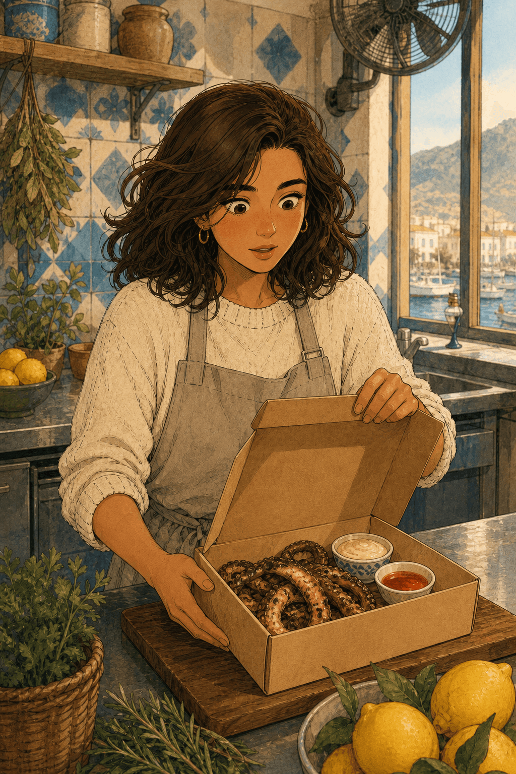 Marina recibe un paquete de pulpo seco en la cocina de Ca la Mar.