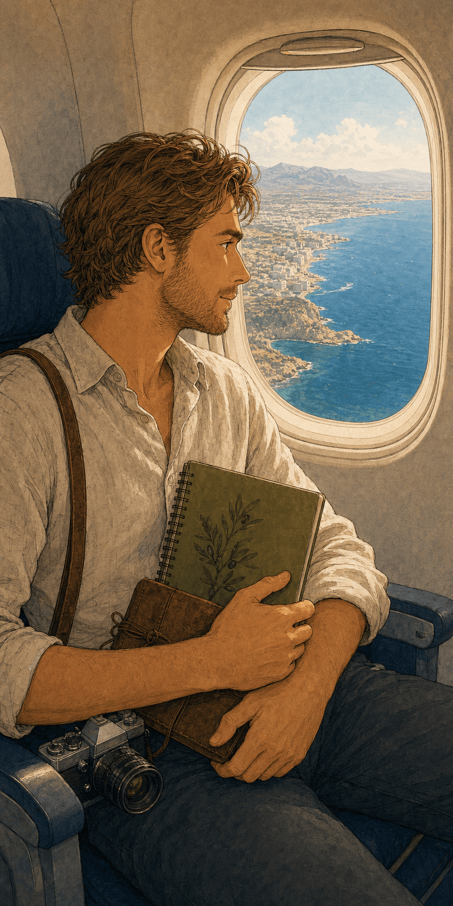 Sebastian mira la costa mediterránea desde un avión rumbo a Alicante.