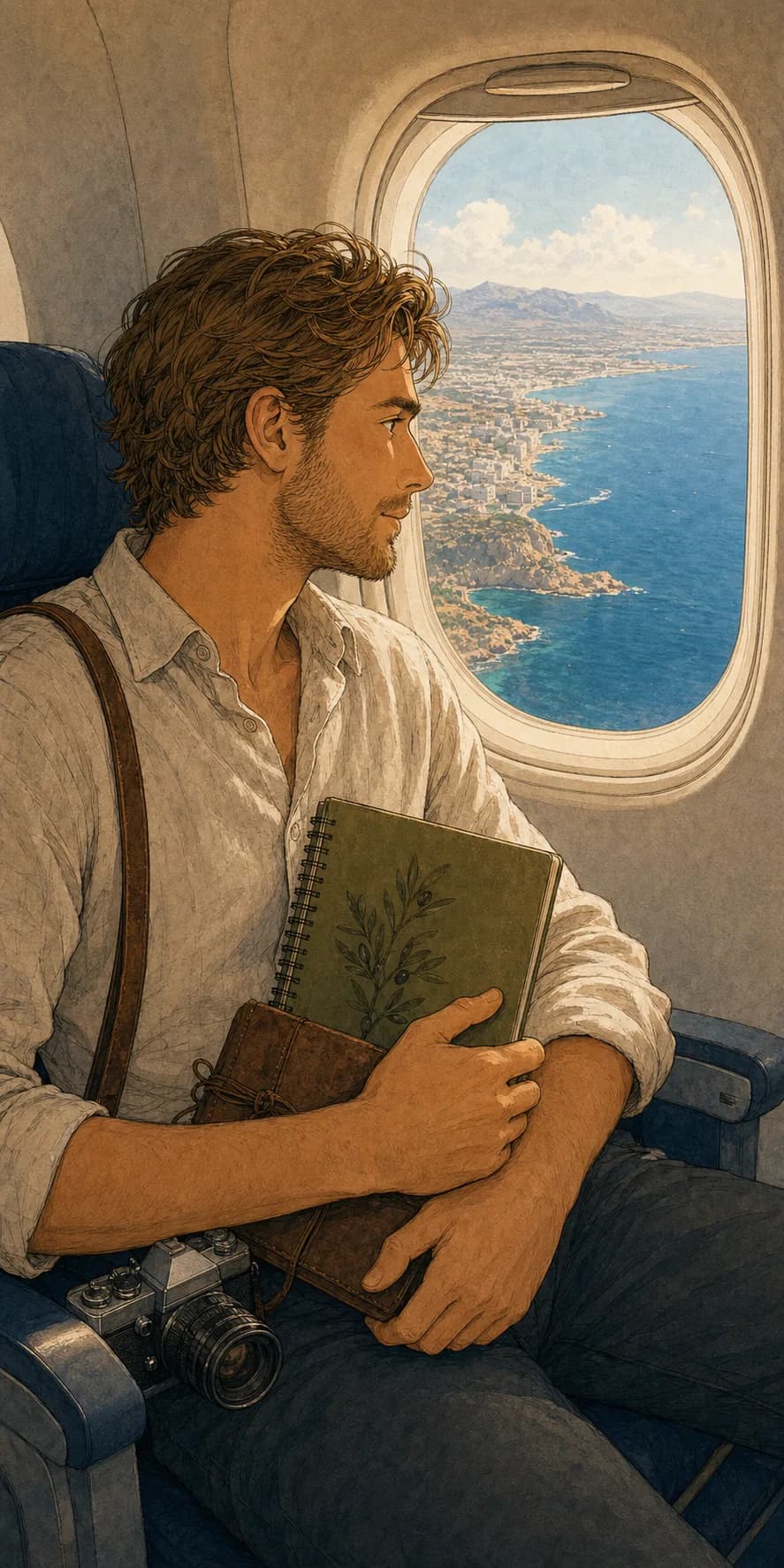 Sebastian mira la costa mediterránea desde un avión rumbo a Alicante.