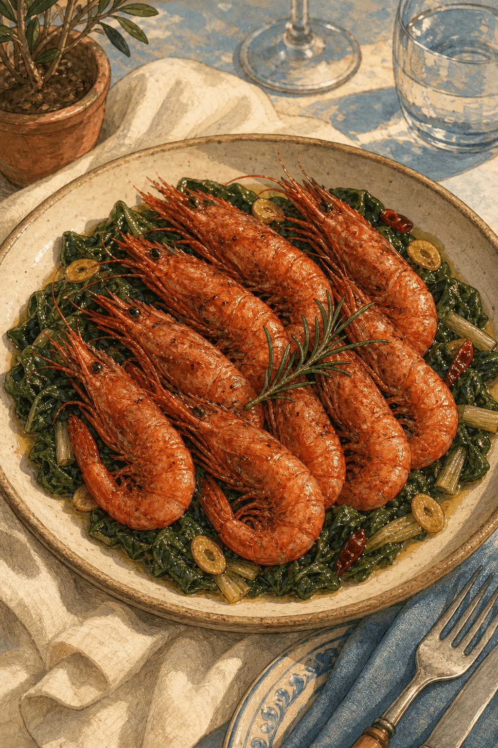 Gamba roja de Dénia con acelgas salteadas.