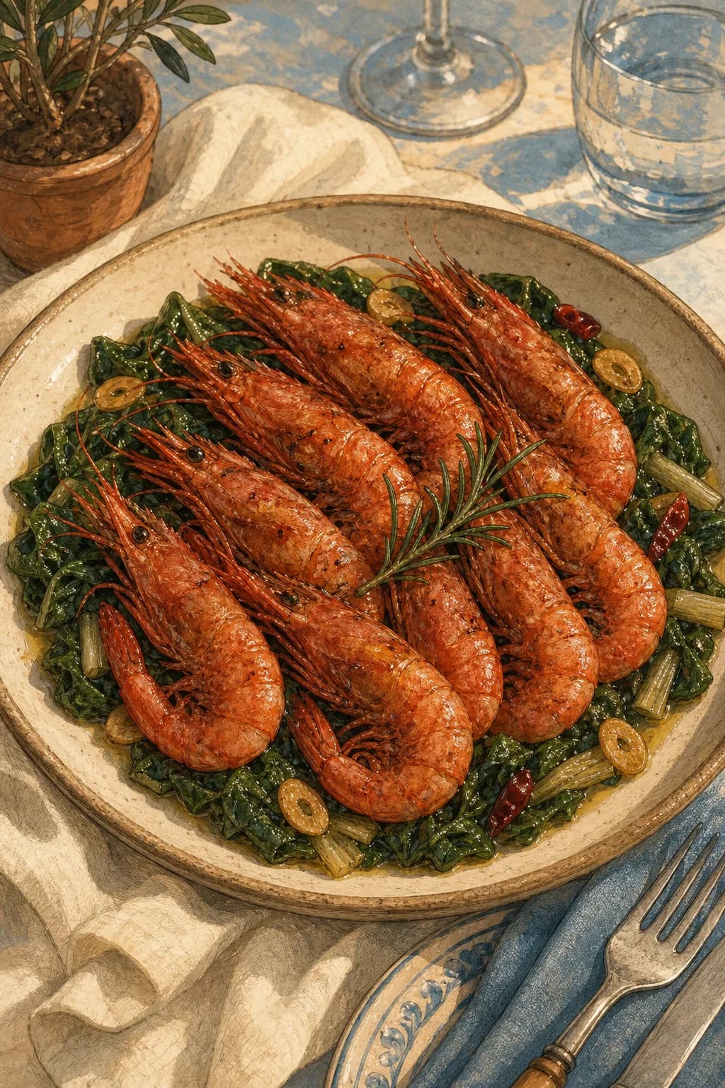 Gamba roja de Dénia con acelgas salteadas.