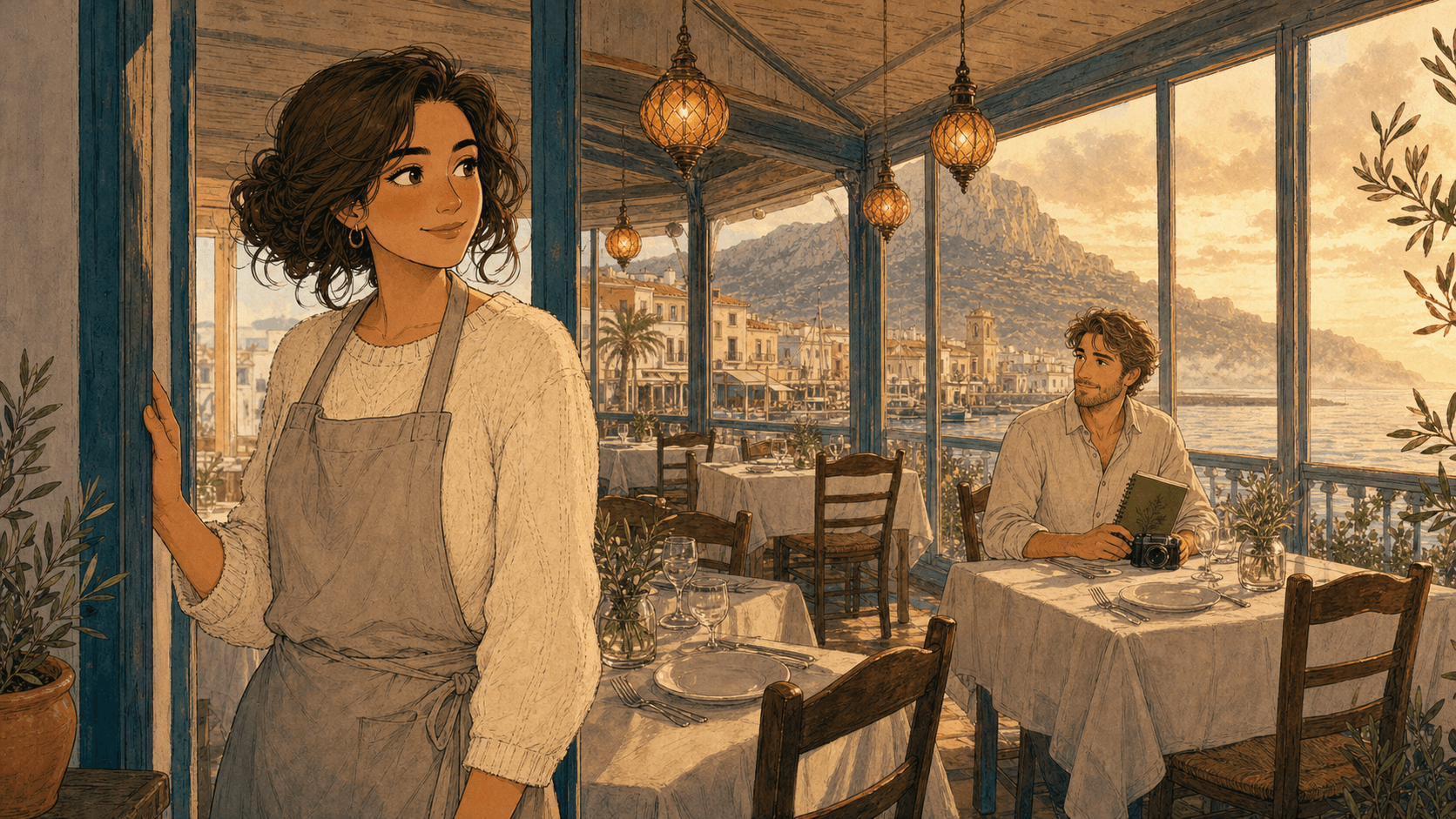 Marina y Sebastian se miran a distancia en la terraza de Ca la Mar, en Dénia.