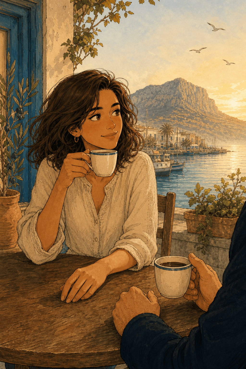 Marina comparte café al amanecer junto al puerto de Dénia.