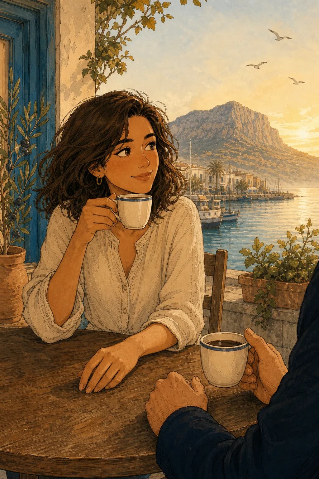 Marina comparte café al amanecer junto al puerto de Dénia.