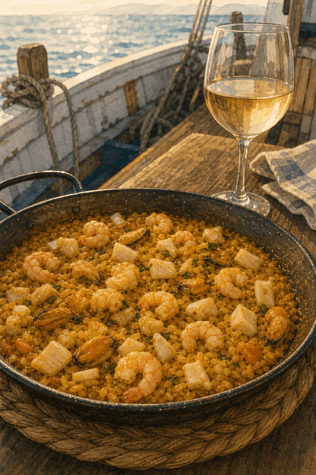 Arròs del senyoret con marisco limpio y pelado.