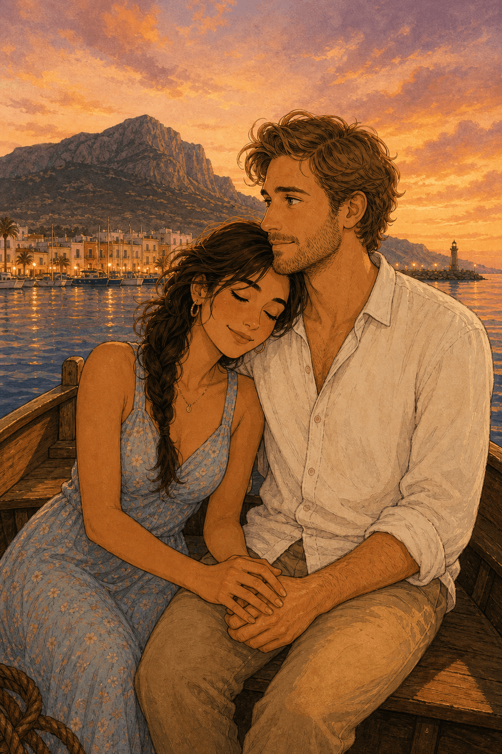 Marina y Sebastian regresan al puerto en barco al atardecer.