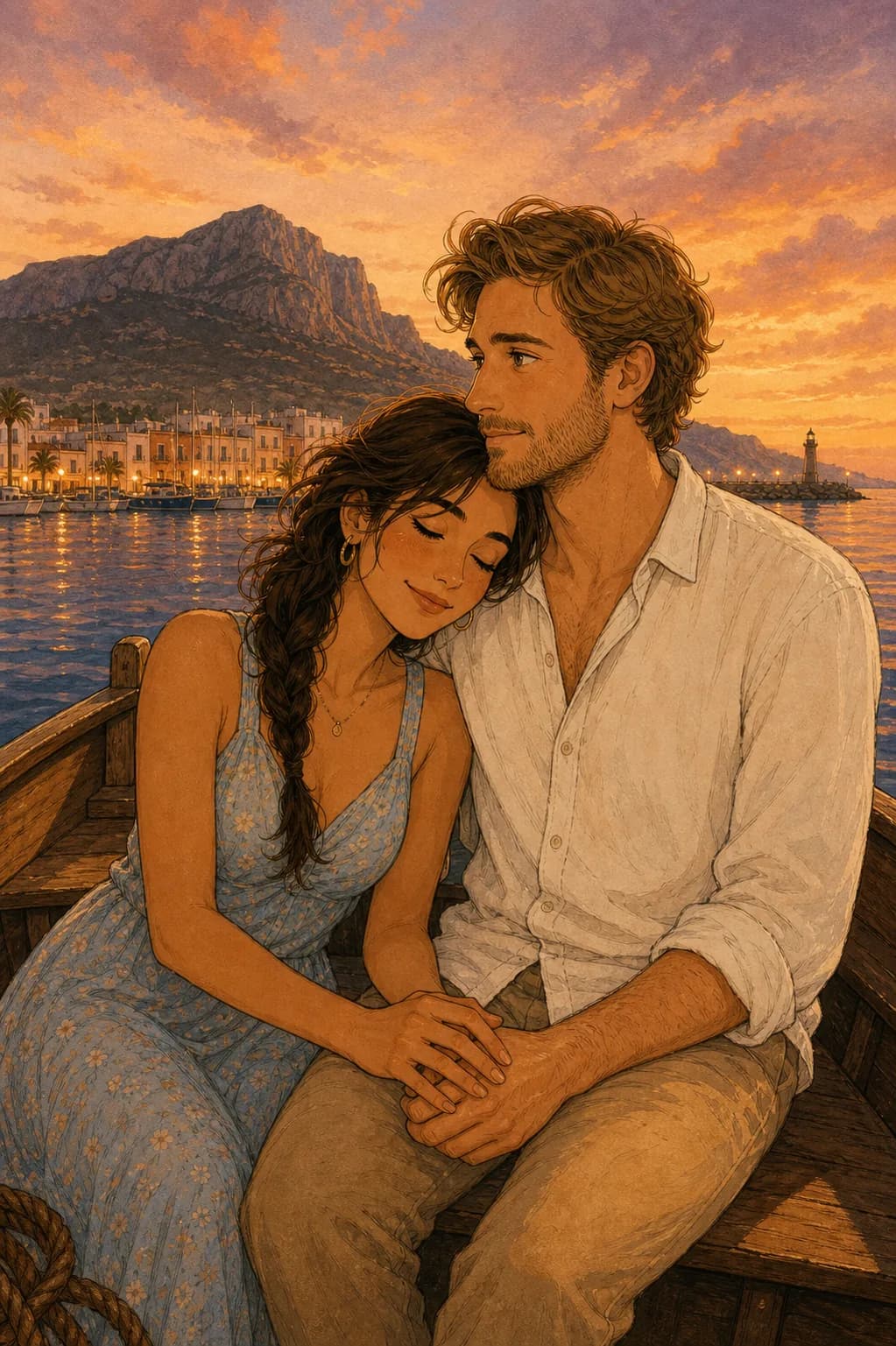 Marina y Sebastian regresan al puerto en barco al atardecer.
