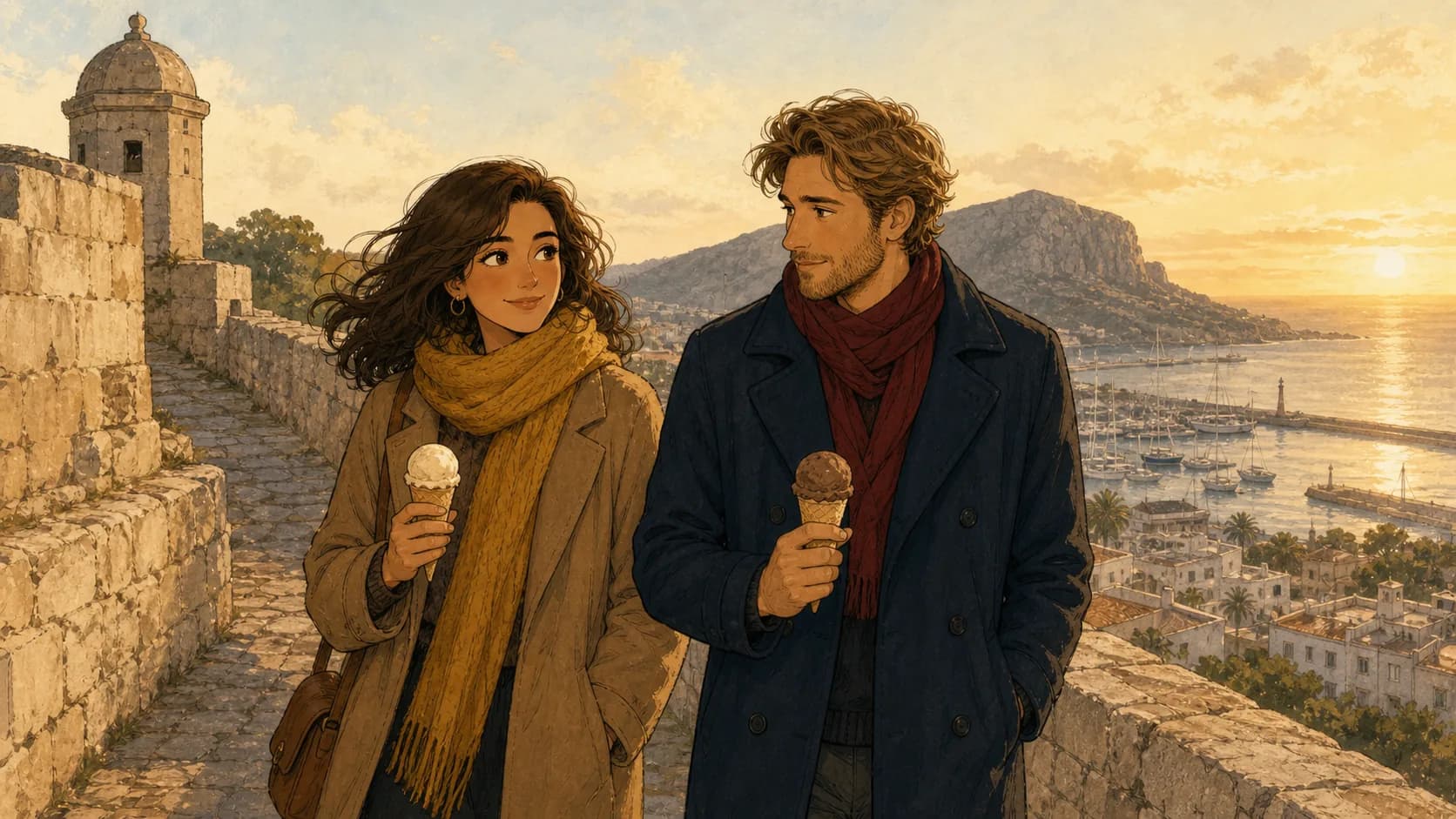 Marina y Sebastian pasean junto al Castell de Dénia.