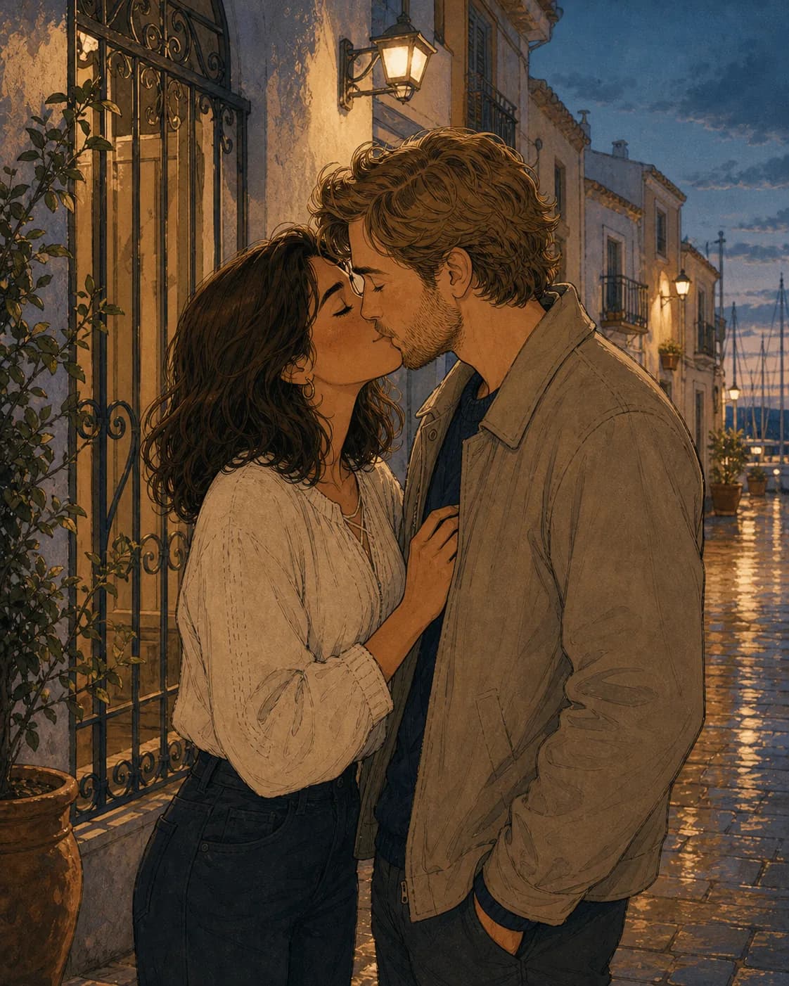 Marina y Sebastian se besan frente a su casa.