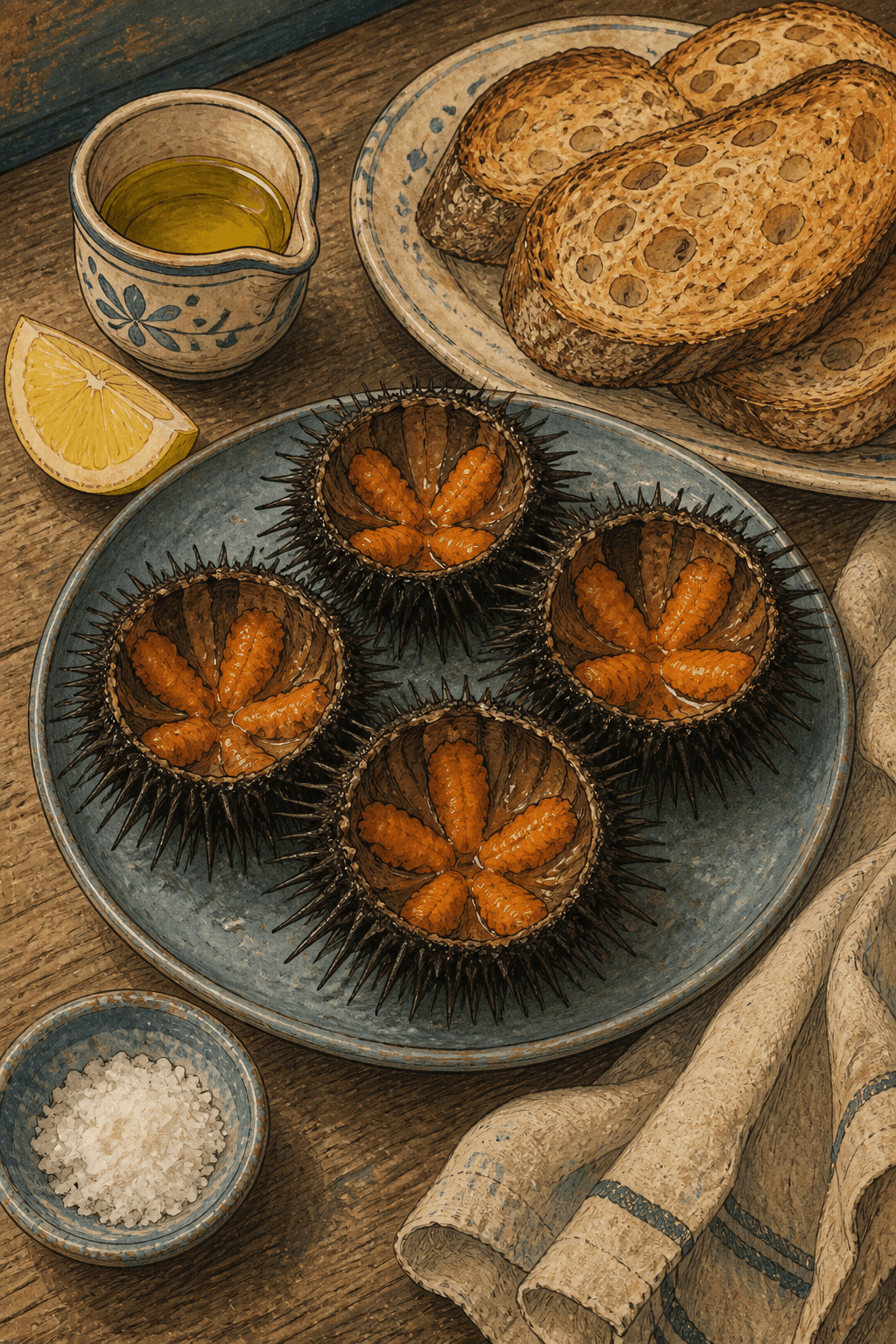 Erizos de mar abiertos con pan de masa madre y aceite de oliva.