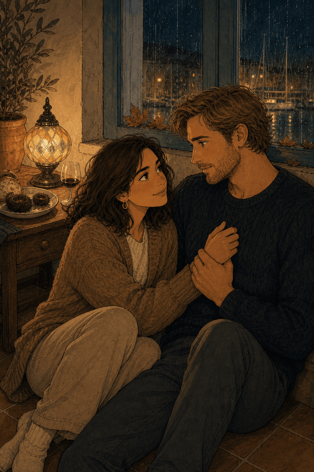 Marina y Sebastian comparten un momento íntimo junto a la ventana.