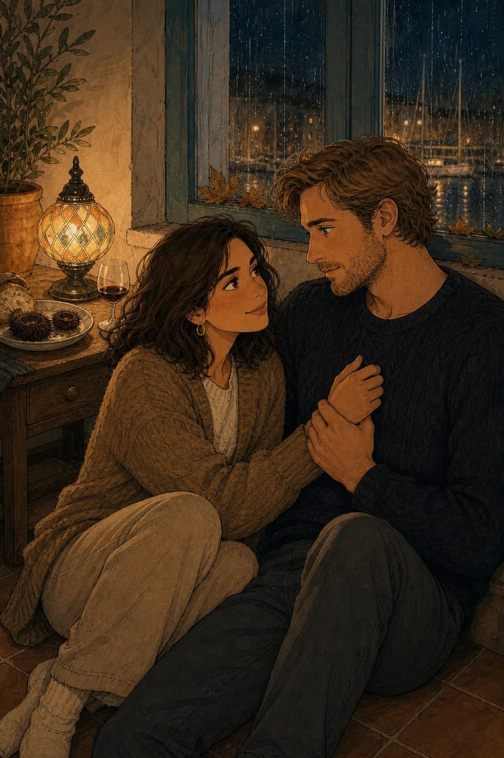 Marina y Sebastian comparten un momento íntimo junto a la ventana.