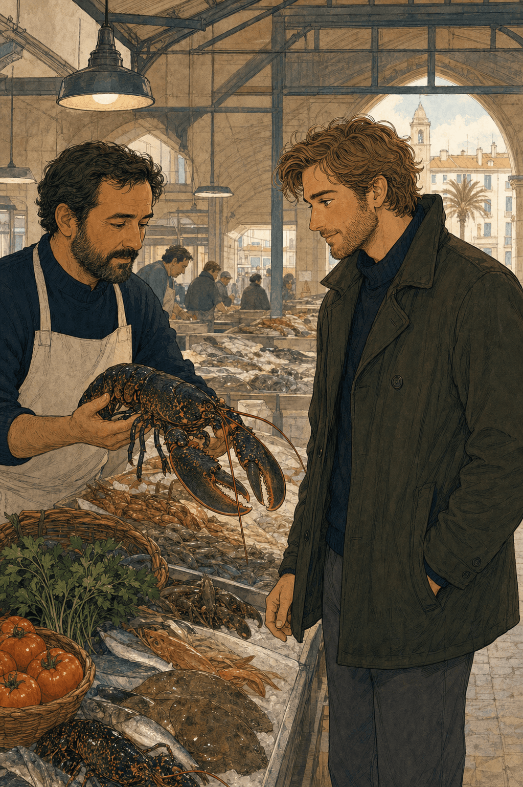 Sebastian elige un bogavante en el mercado de Dénia.