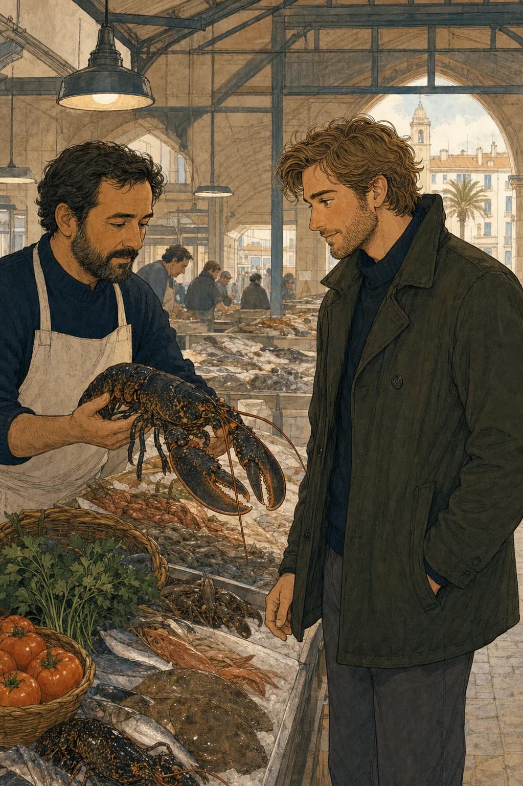 Sebastian elige un bogavante en el mercado.