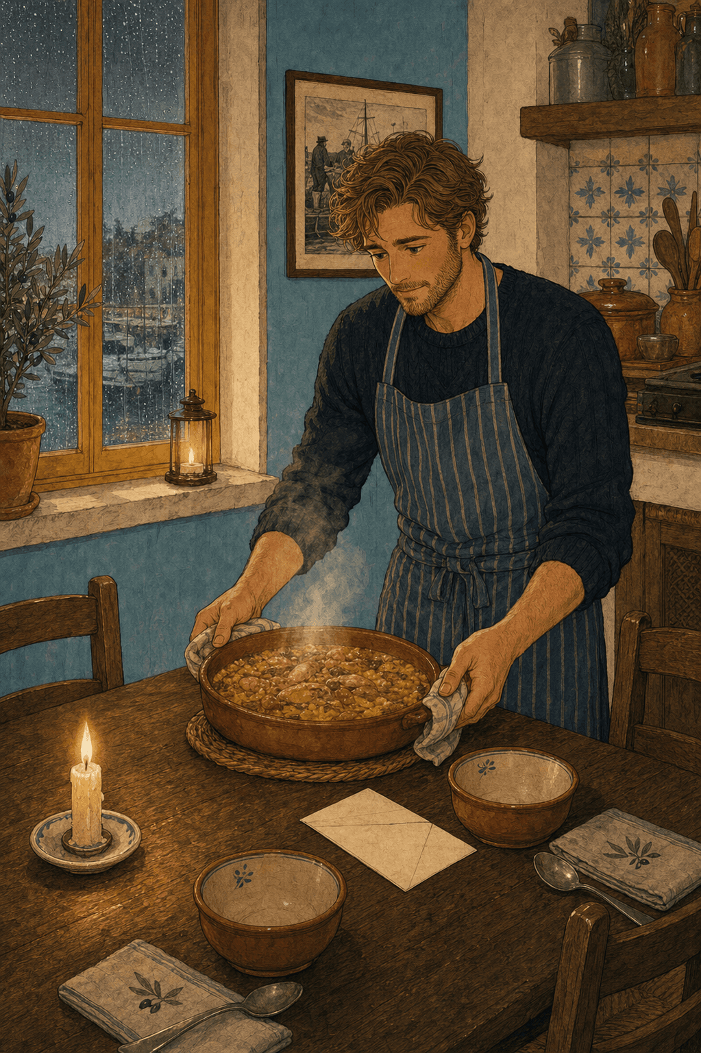 Sebastian prepara la mesa y un arroz caldoso en casa.