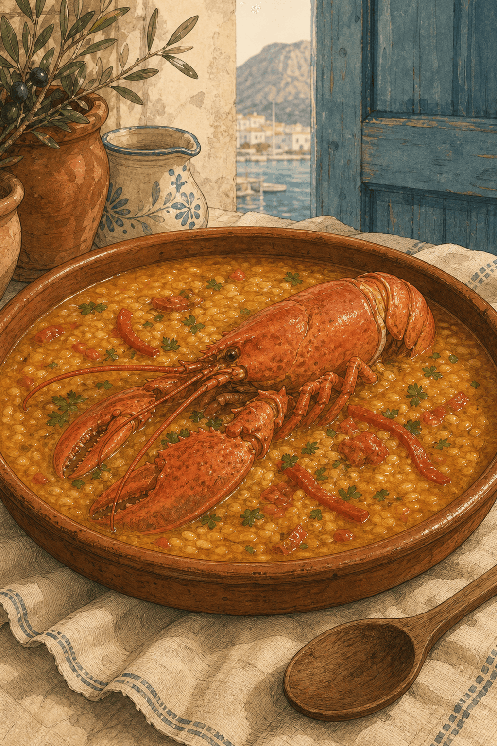 Arroz caldoso de bogavante servido en cazuela de barro.