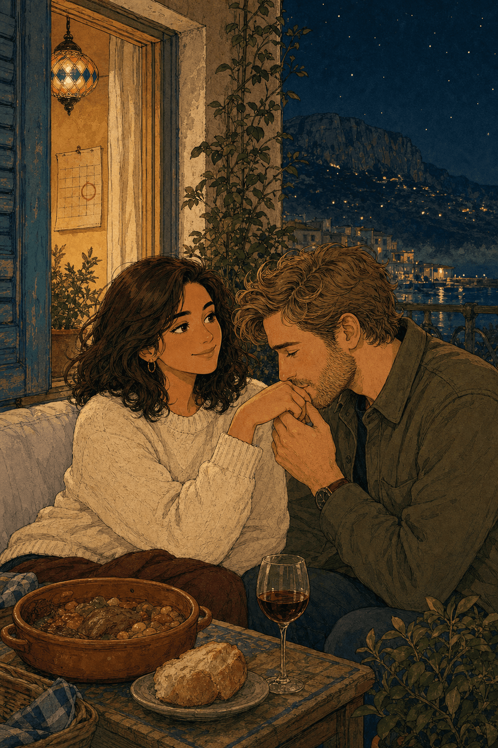 Marina y Sebastian comparten una noche tranquila en la terraza.