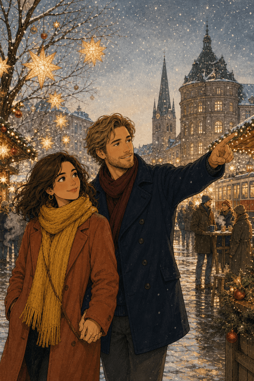 Marina y Sebastian pasean por un mercadillo de invierno en Düsseldorf.
