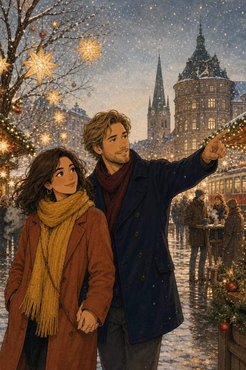 Marina y Sebastian en un mercadillo de invierno en Düsseldorf.