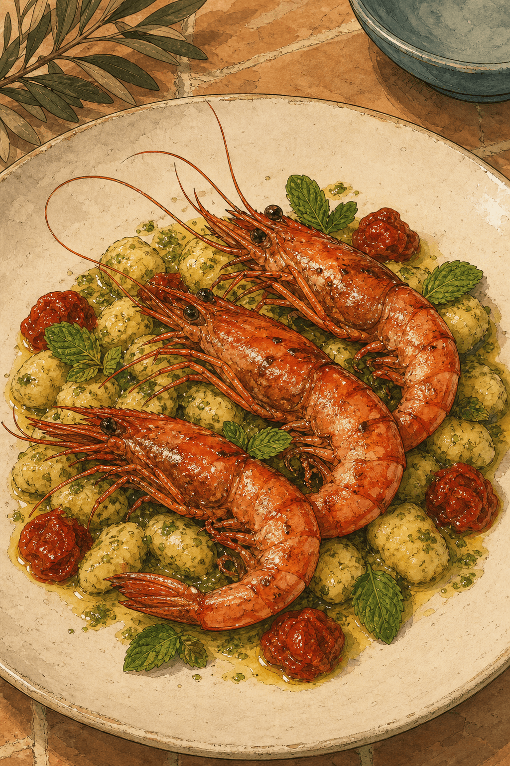 Gamba roja de Dénia con gnocchis, pesto de menta y compota de tomate.