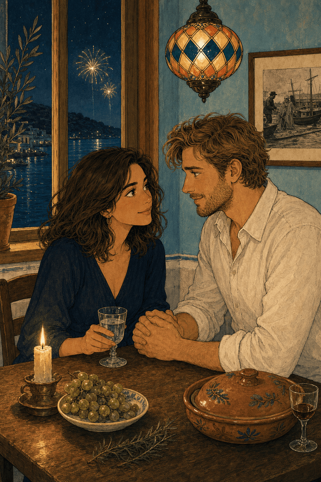 Marina y Sebastian comparten una cena íntima de Nochevieja frente al mar.