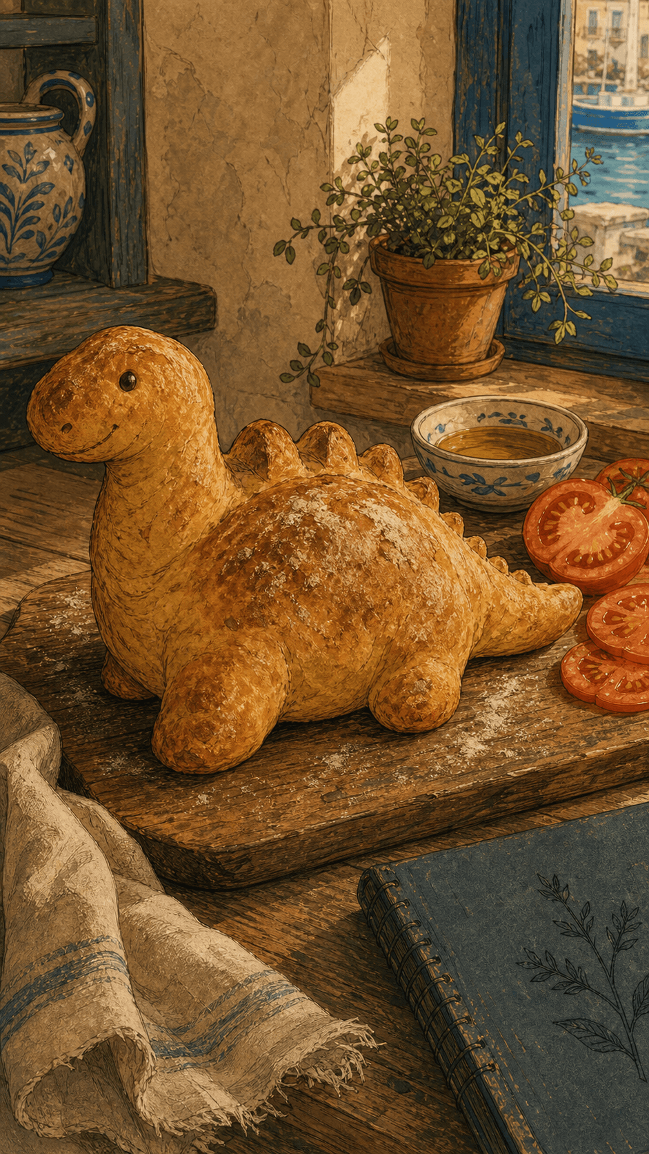 Pan casero con forma de dinosaurio sobre una tabla de madera.