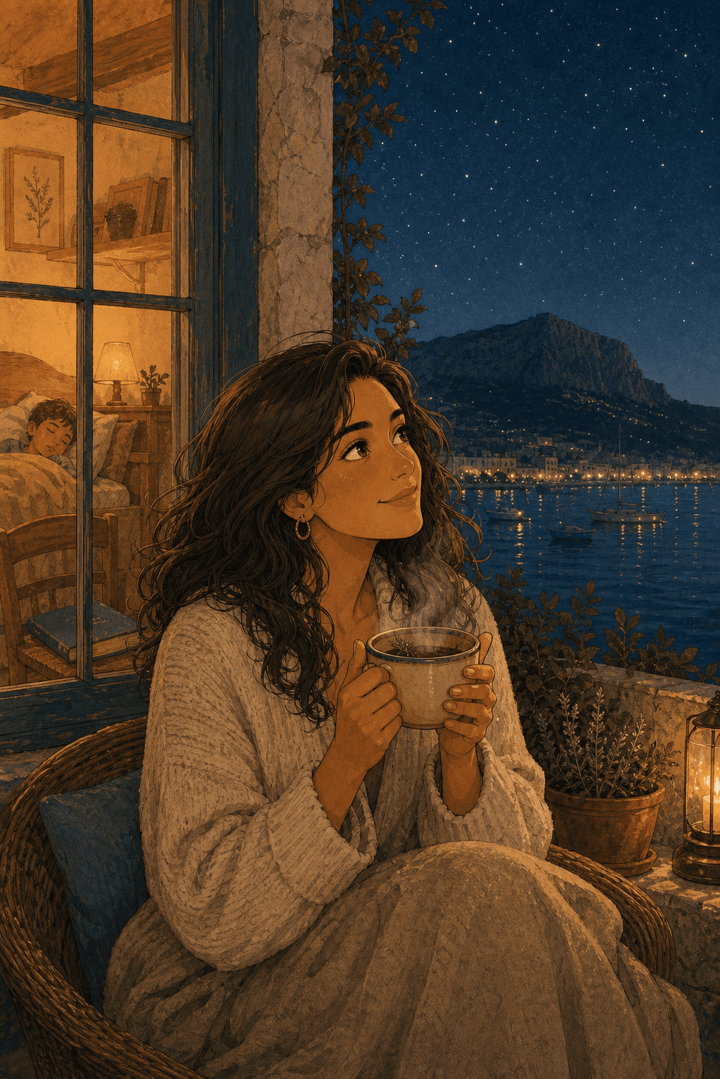 Marina contempla las estrellas desde el porche de su casa en Les Rotes.
