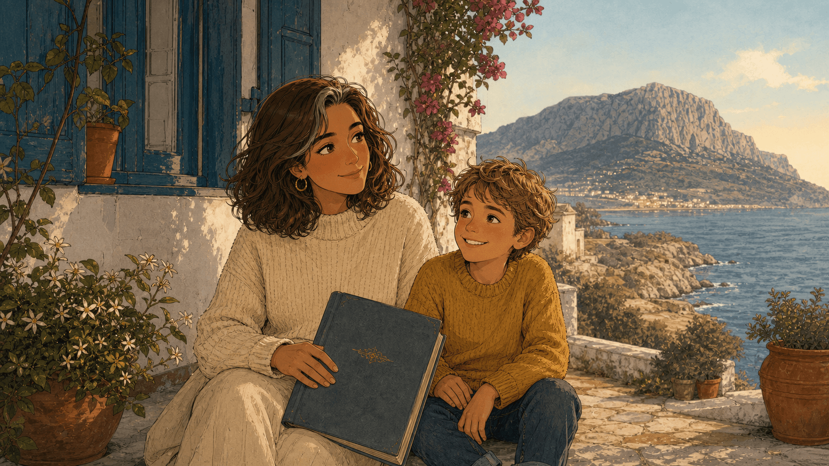 Marina y su hijo Adrián comparten el porche de su casa en Les Rotes.